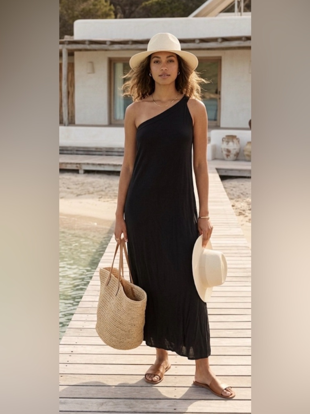 Old navy rayon One-Shoulder Black Maxi Dress M midi dress beachy vacation boho